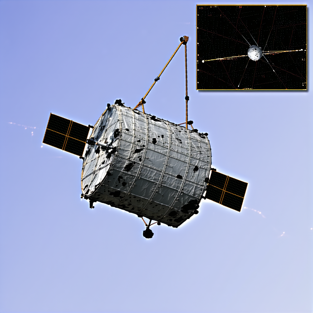 A Large Satellite Is Being Lifted Into The Sky By A Crane