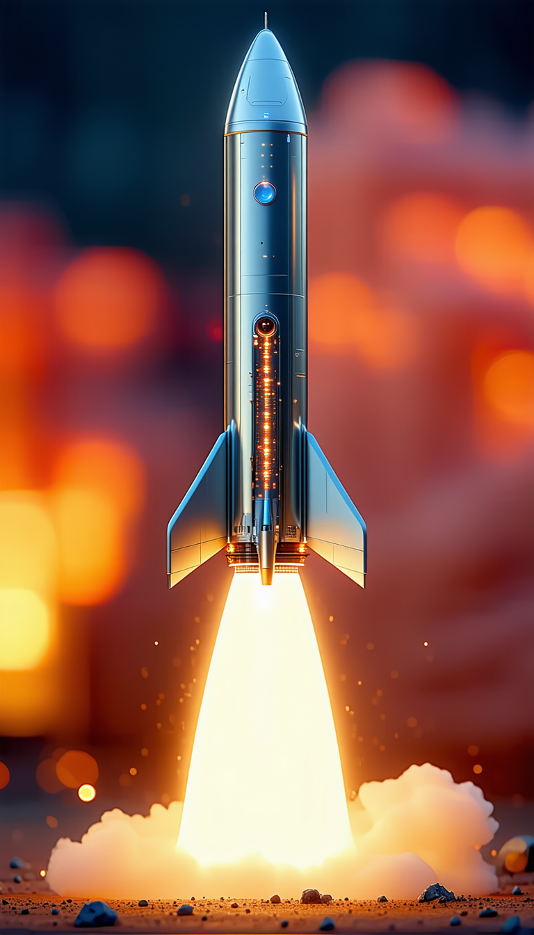 A Rocket Is Shown In The Image, With Its Engine Lit Up And Ready For Takeoff