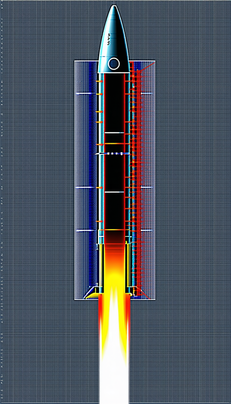 A Computer Graphic Of A Rocket Is Shown In A Blue, Red, And Yellow Color Scheme
