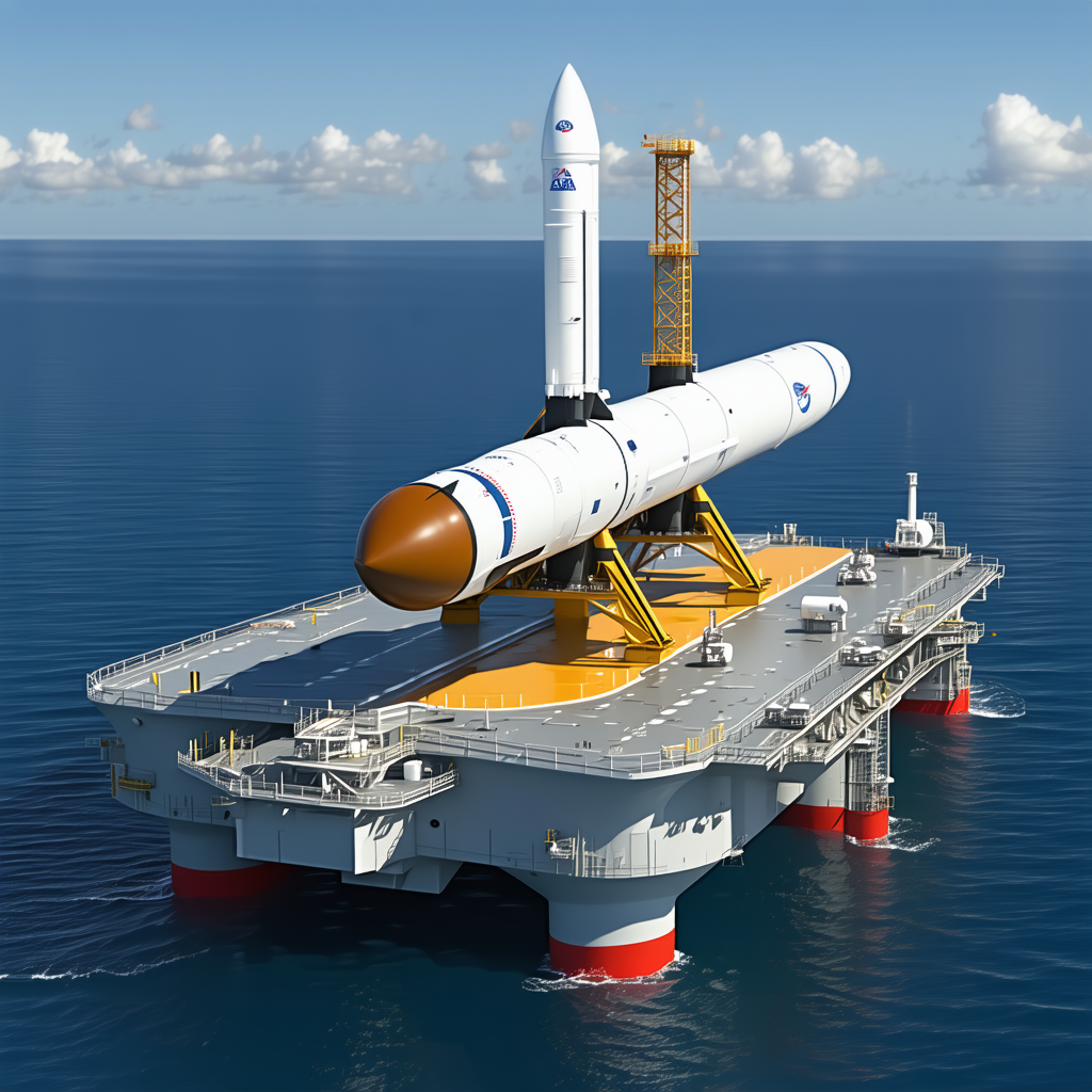 A Large White Rocket Ship Is Sitting On A Floating Platform In The Ocean