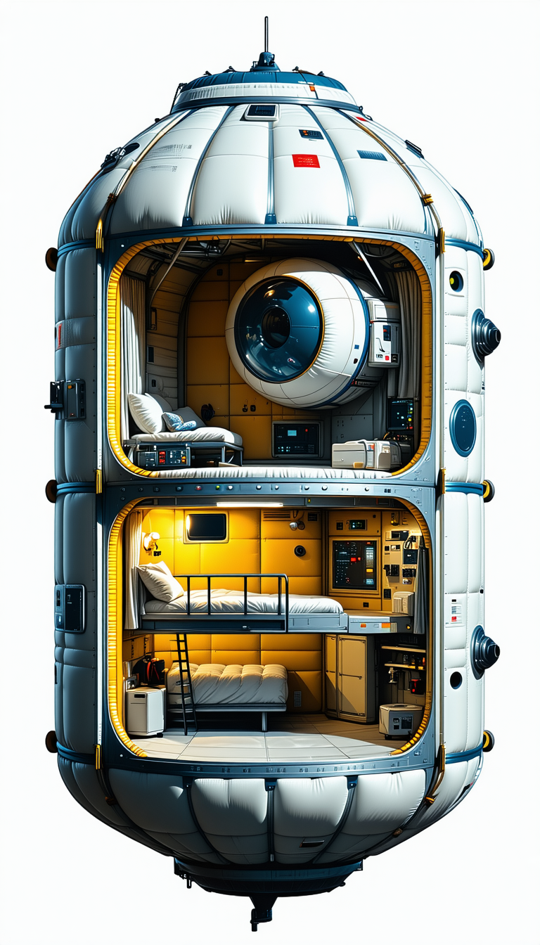 In The Image, There Is A Large, White, And Yellow Spacecraft With A Futuristic Design