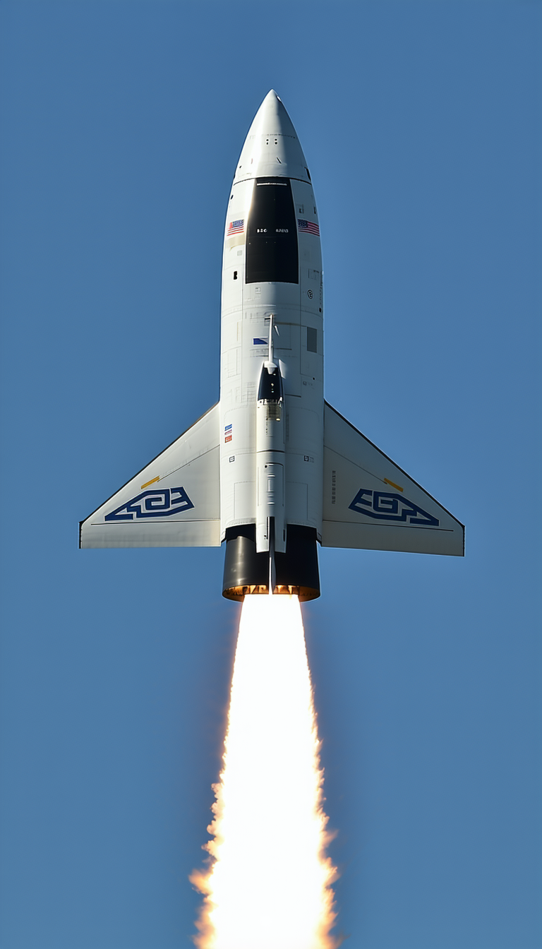 A White And Blue Rocket Is Flying Through The Sky, Leaving A Trail Of Smoke Behind It