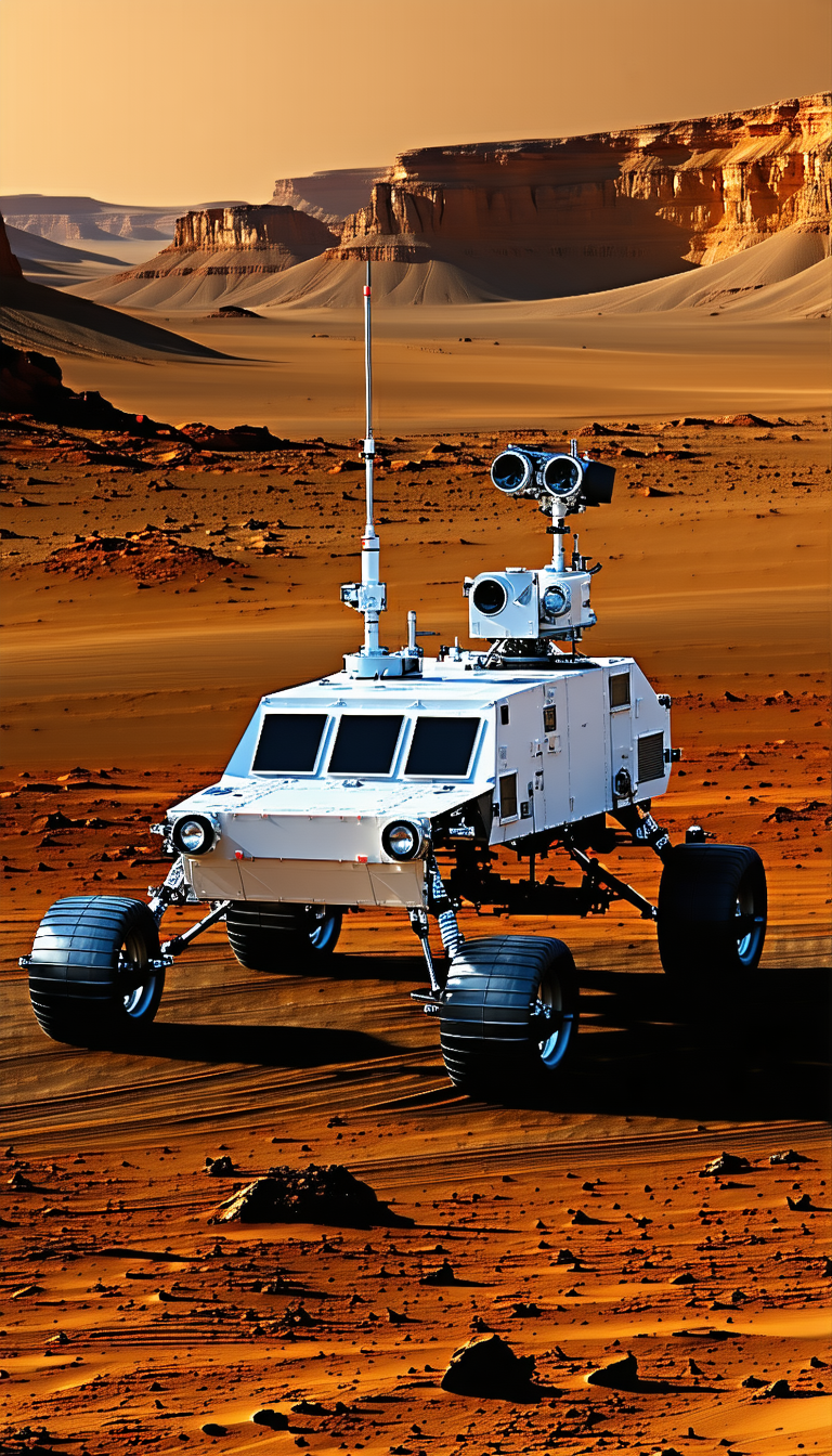 A White Robotic Vehicle With A Large Antenna On Top, Driving Across A Dirt Field