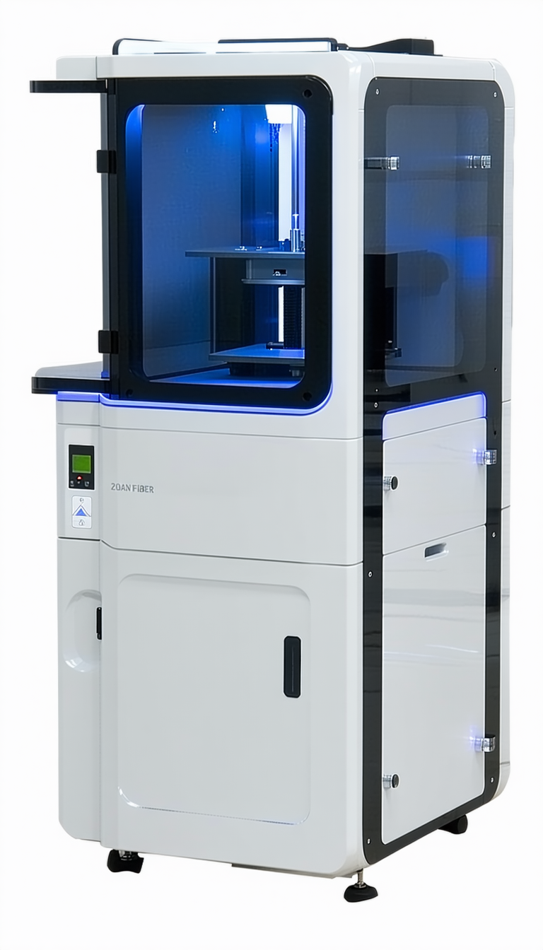 A Large, White, And Blue Machine With A Blue Light On Top