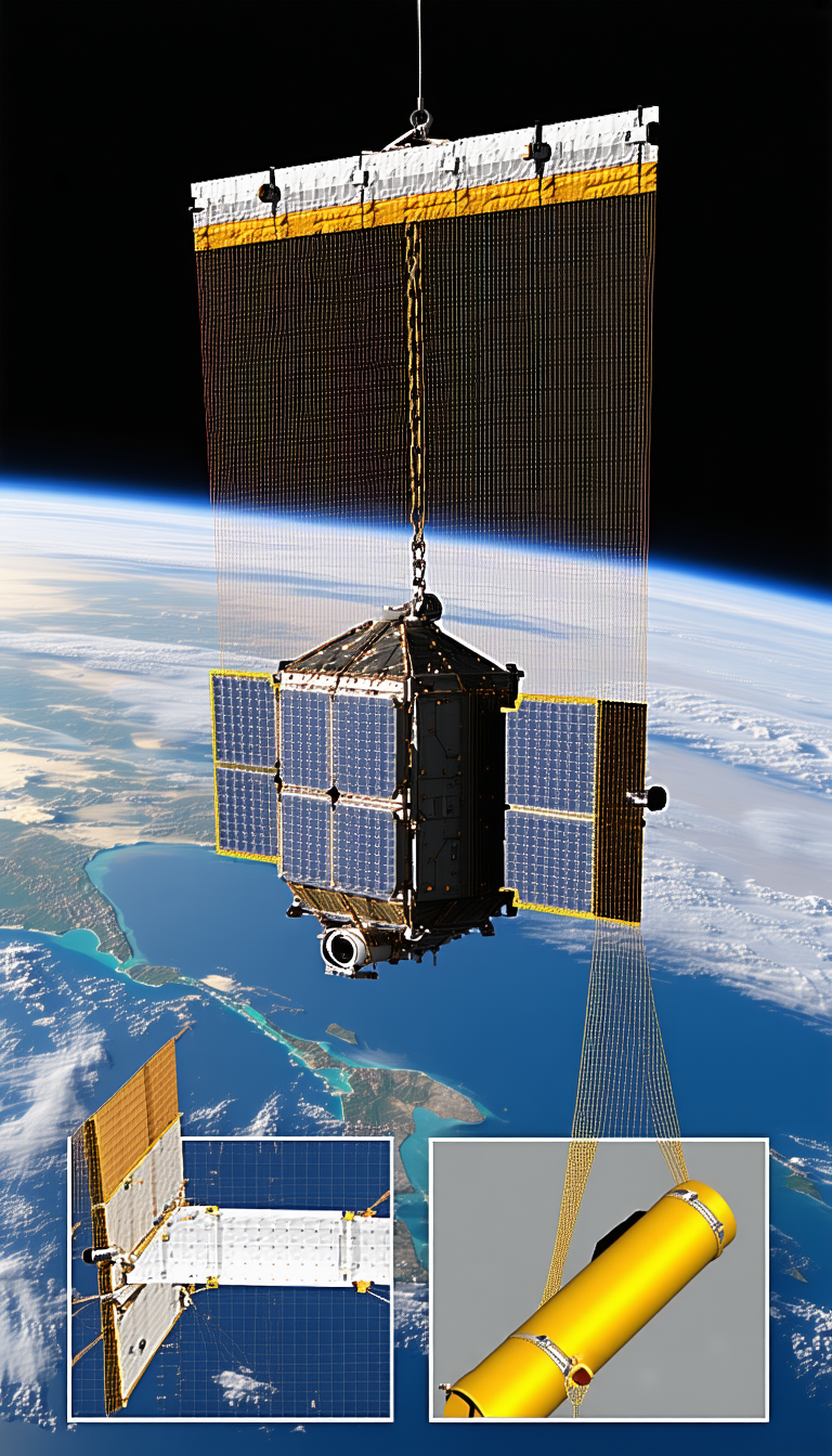 A Spacecraft With A Large Solar Panel On Its Side, Floating In The Air