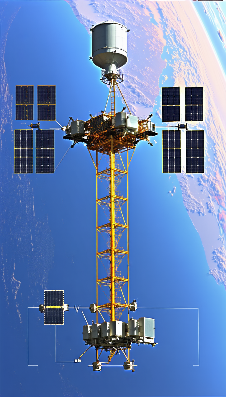 A Large Satellite Is Suspended In The Air, With A Yellow Tower Beneath It