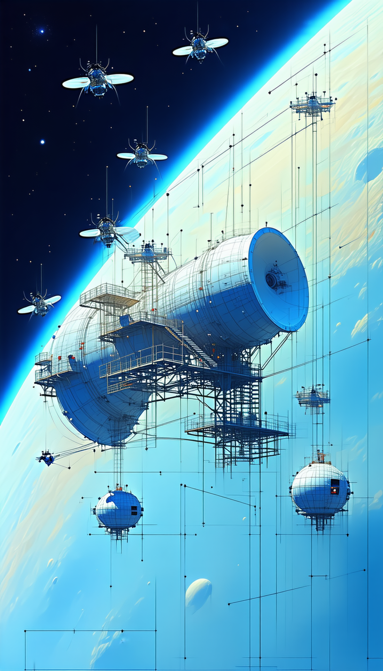 In This Image, There Is A Large Space Station With A Blue And White Color Scheme
