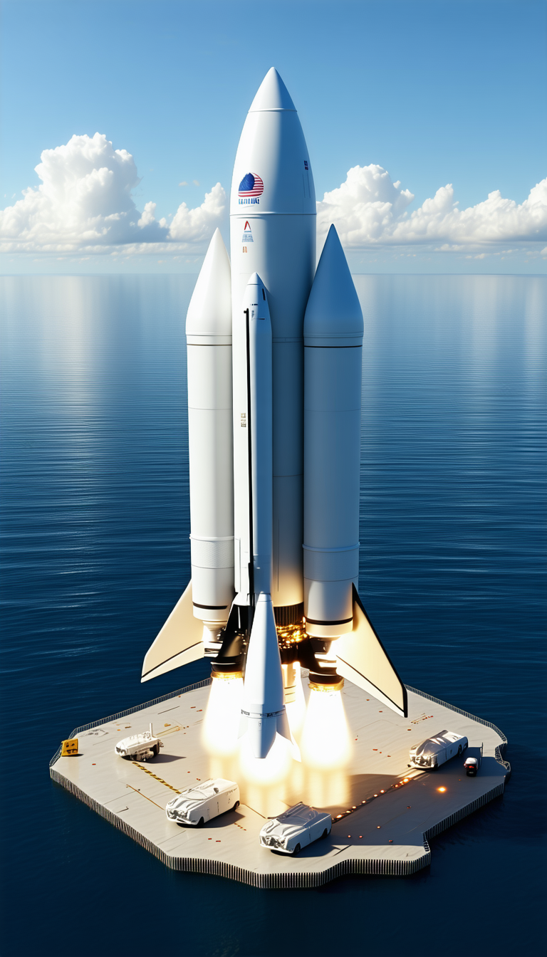 A Large White Space Shuttle On A Runway, With Its Engines Lit Up