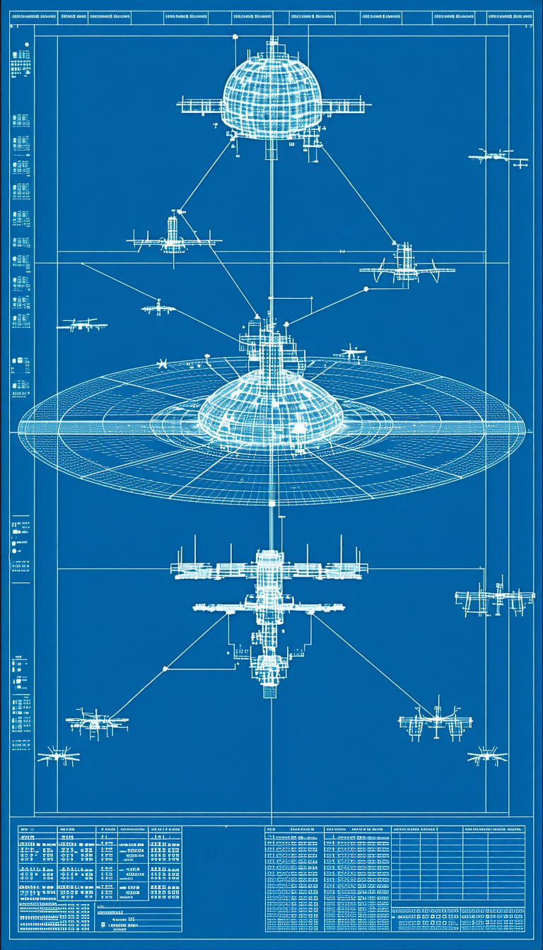A Blue Drawing Of A Space Ship Is Shown