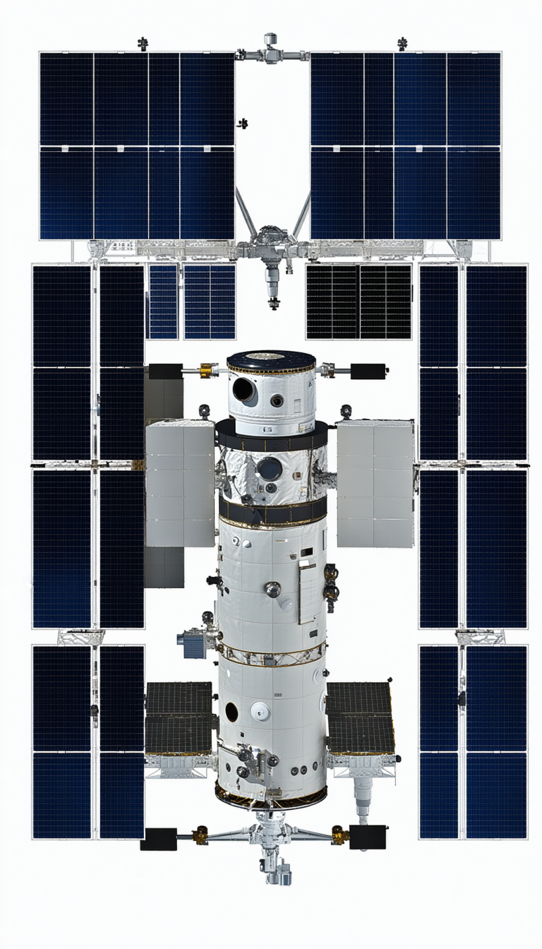 A Space Station Is Shown In A White And Blue Image
