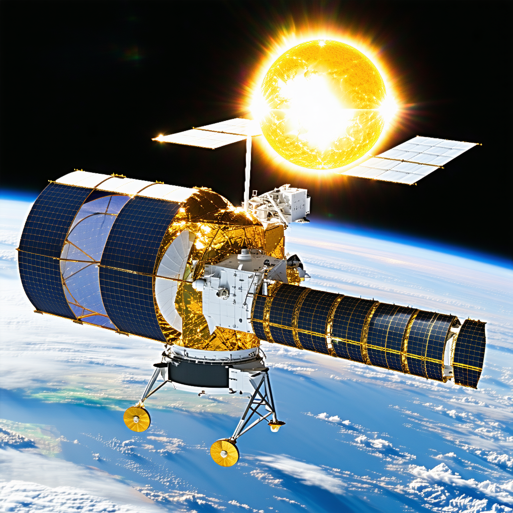 A Spacecraft With A Large Dish Antenna On Its Side, Flying Through The Sky