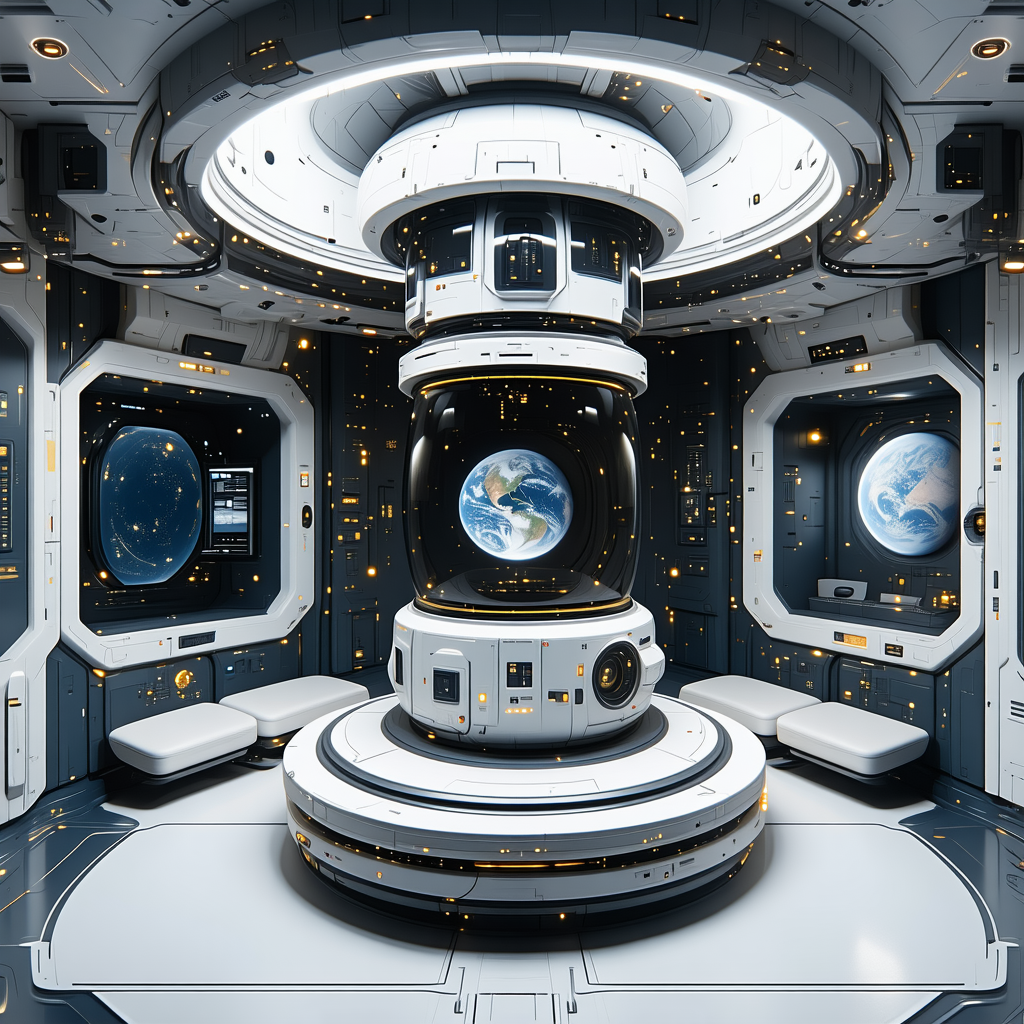 In This Image, There Is A Large White Spacecraft With A Dome-shaped Structure On Top Of It