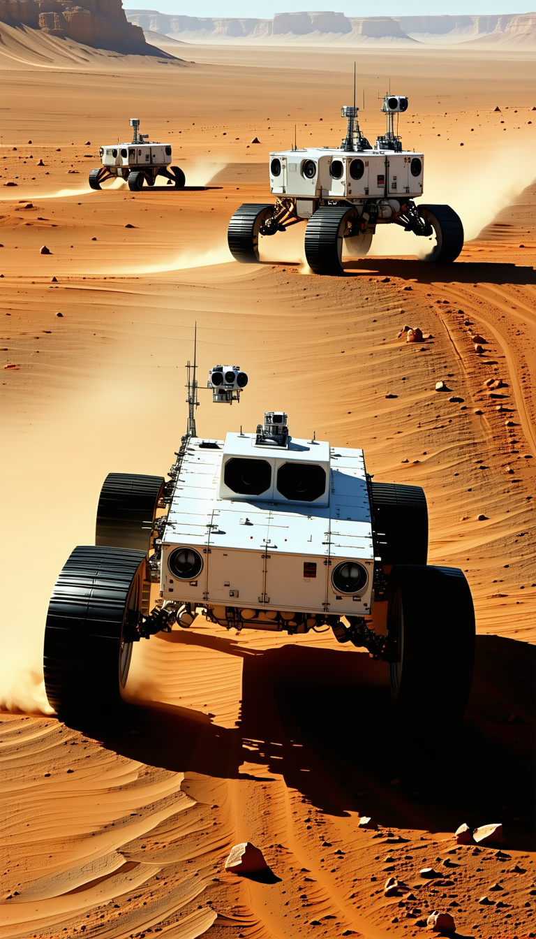 A White Robot Is Driving On A Sandy Surface, With A Dirt Road In The Background