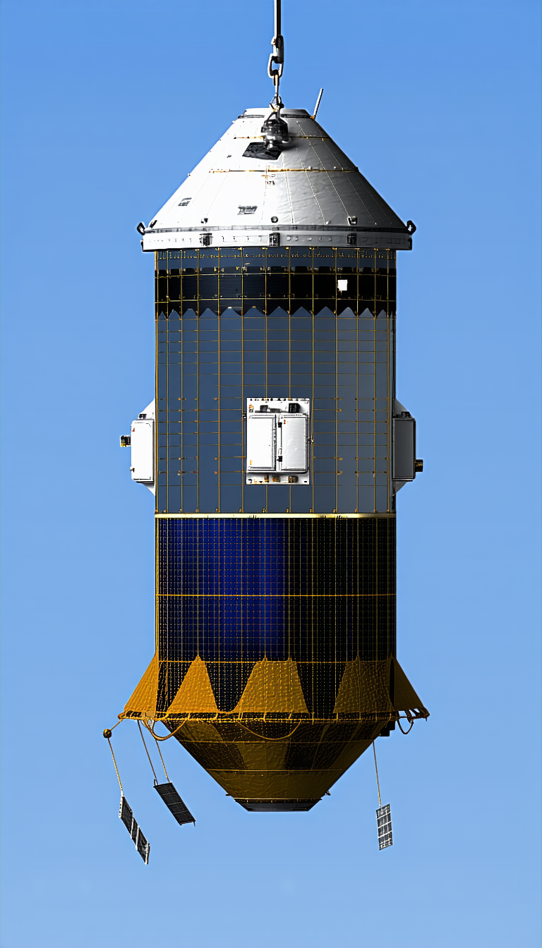 A Large, Blue And Yellow Spacecraft Is Shown In A Blue Sky