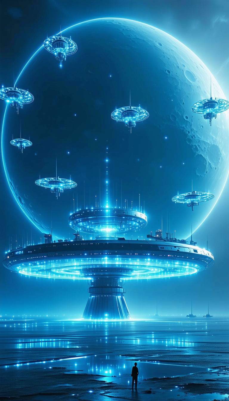 In This Image, There Is A Large, Futuristic Space Station With A Dome-shaped Structure