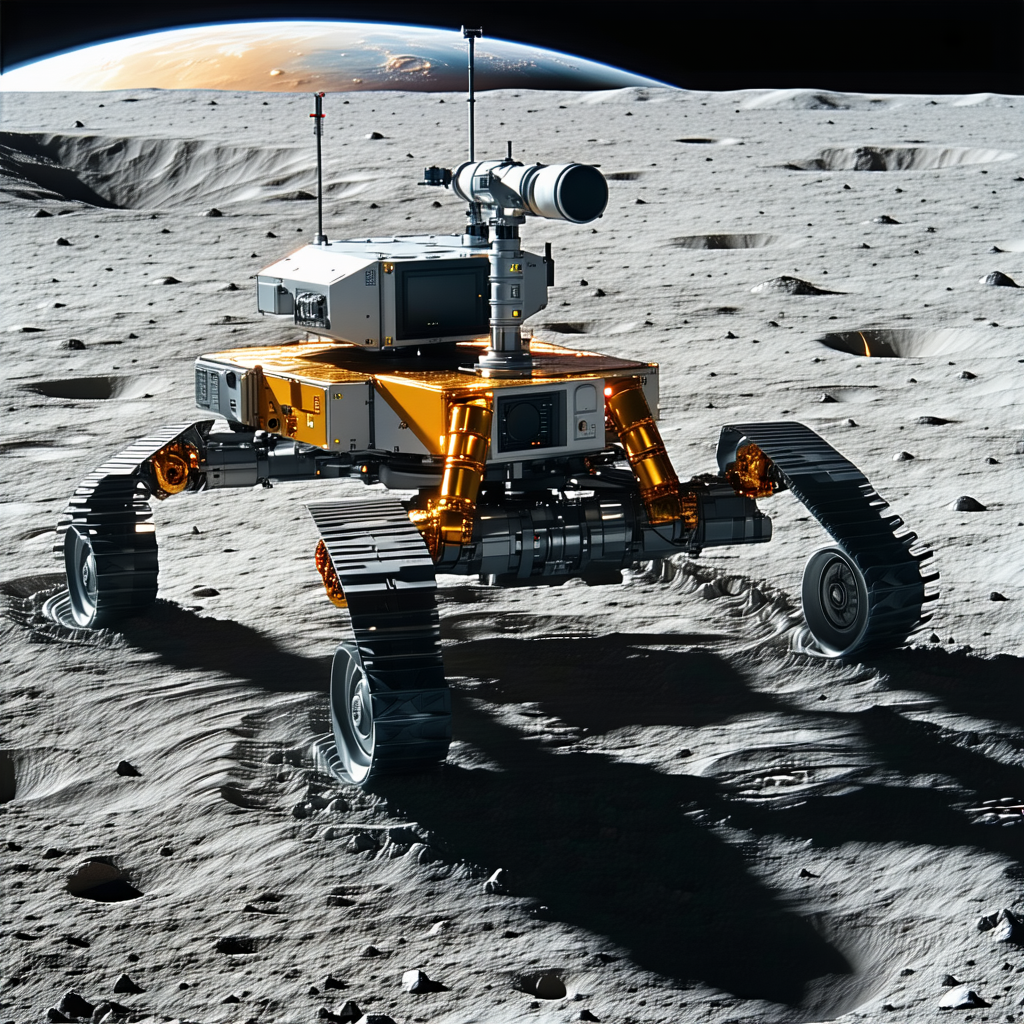 A Yellow Robot Is Sitting On A Rocky Surface, With A Large Satellite Dish On Its Back