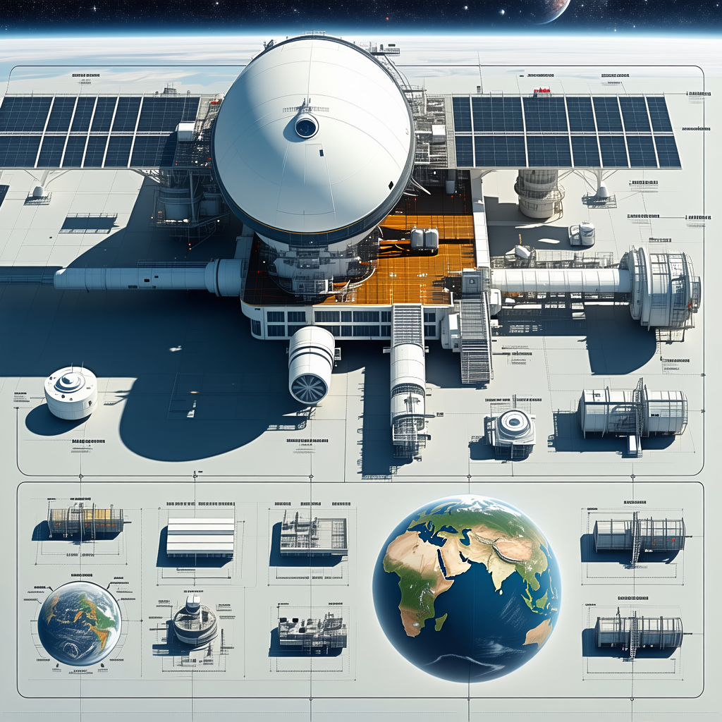 A Large White Space Station Is Shown In A Drawing, With A Globe In The Center