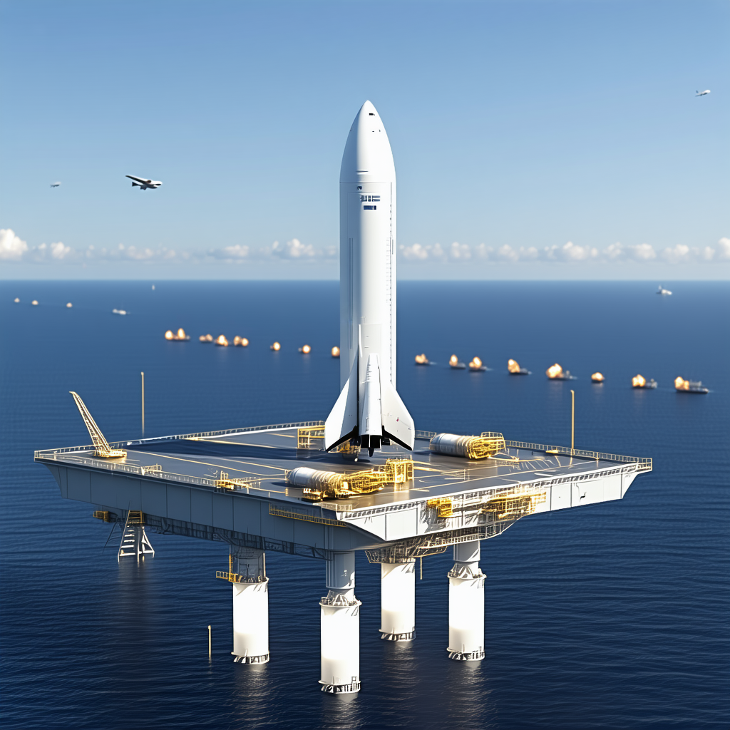 A Large White Rocket Ship Floating On Top Of A Platform In The Ocean