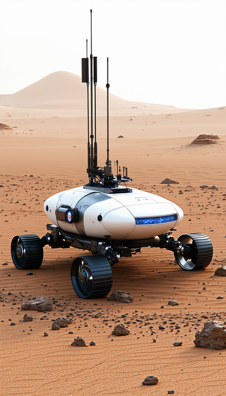 A White And Black Robotic Vehicle, Possibly A Rover, Sitting On A Dirt Surface