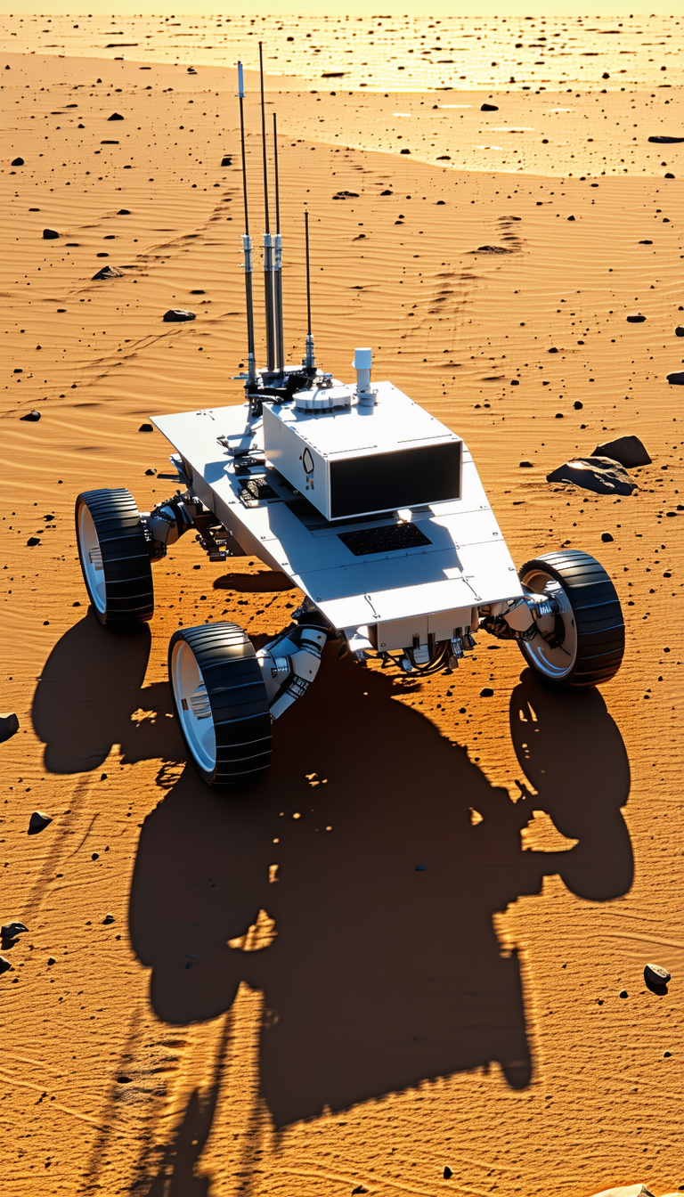 A White Robotic Vehicle, Possibly A Rover, Driving Across A Sandy Terrain