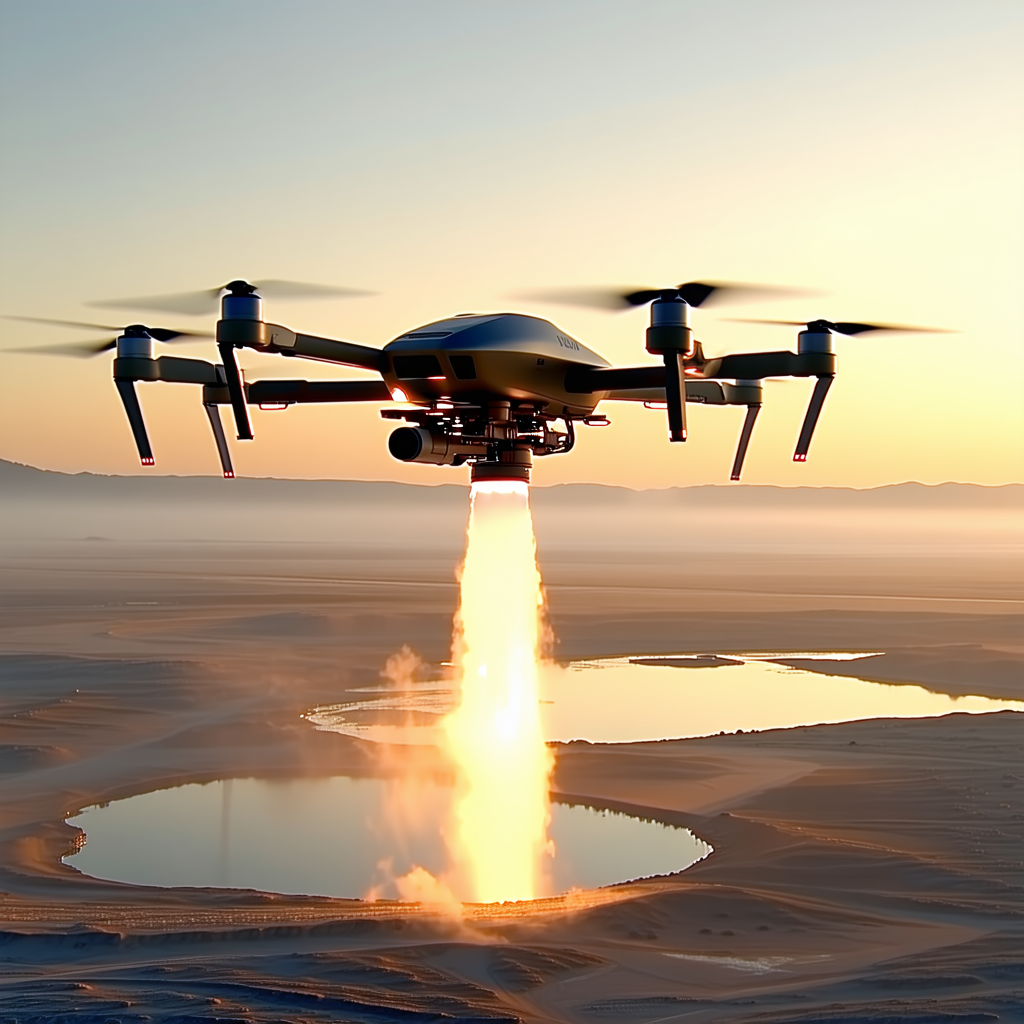 A Large Drone Is Flying Over A Lake, And It Is Releasing A Stream Of Smoke