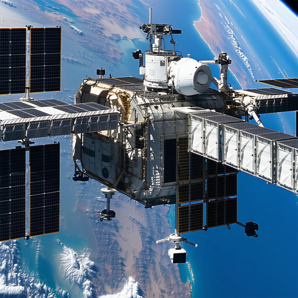 A Space Shuttle With A Large Satellite Dish On Its Side, Floating In The Sky