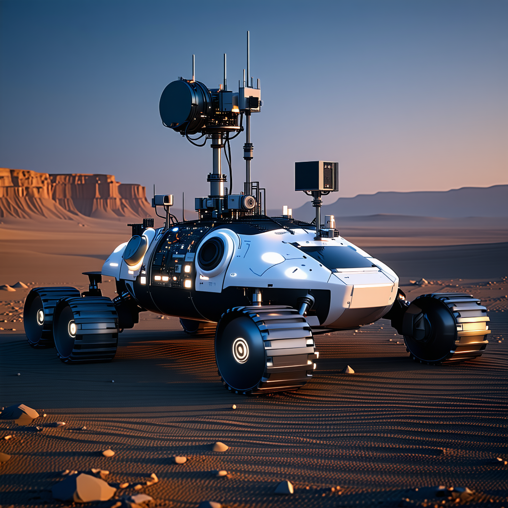 A Futuristic Vehicle Is Parked On A Sandy Surface, With A Large Antenna On Top