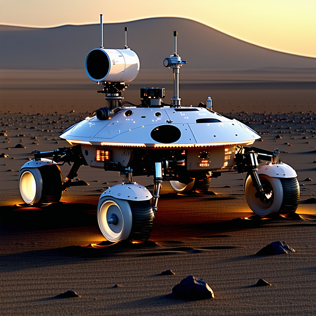 A White Robotic Vehicle With A Large Dome On Top, Driving Across A Sandy Terrain