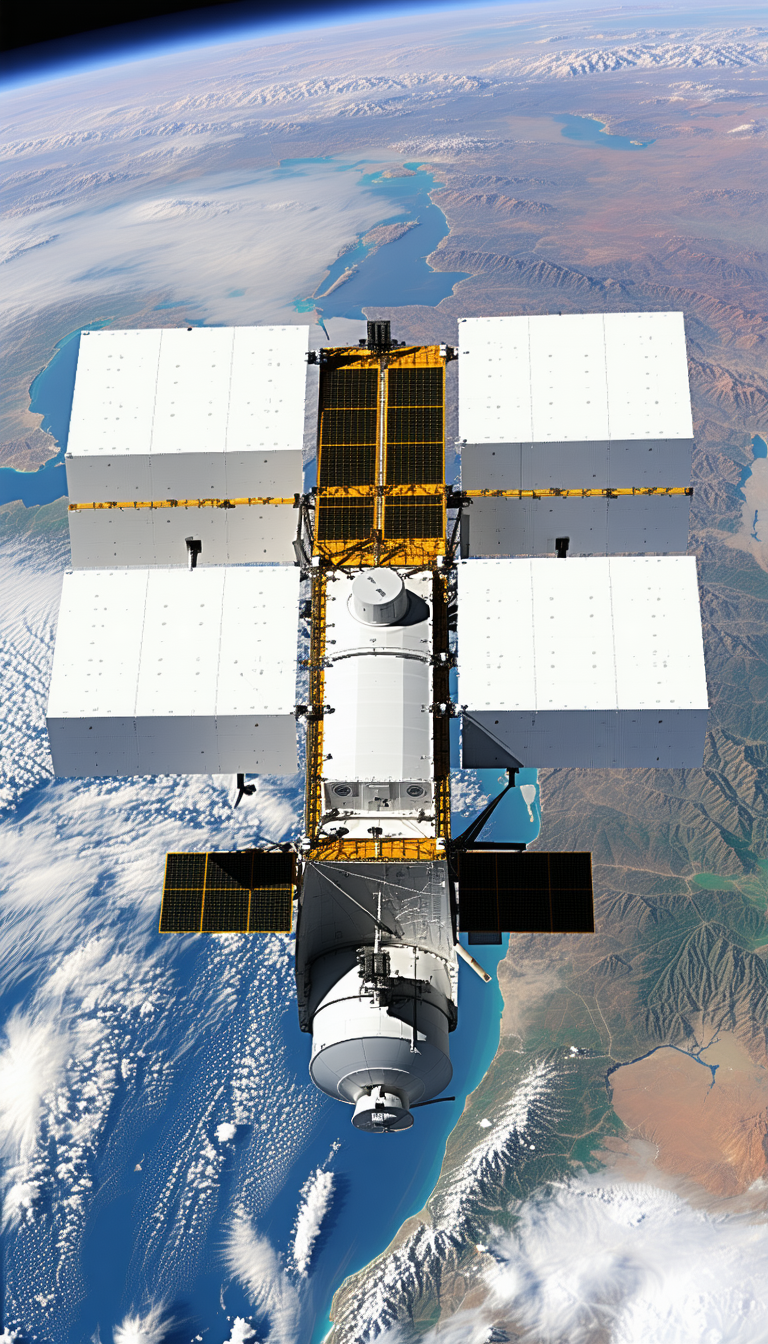 A Large Spacecraft, Possibly A Satellite Or A Space Station, Floating In The Sky