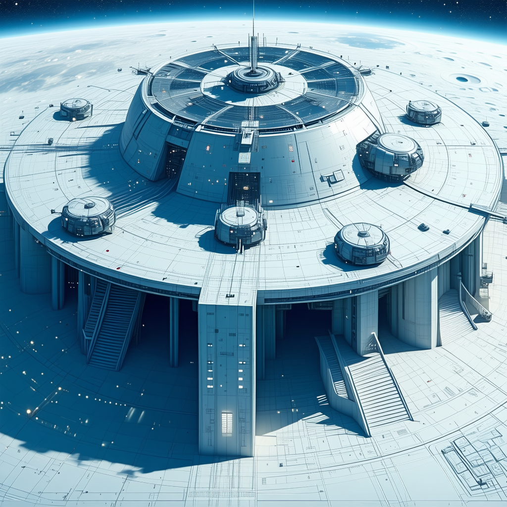 A Large White Space Station Is Shown In A Blue And White Color Scheme