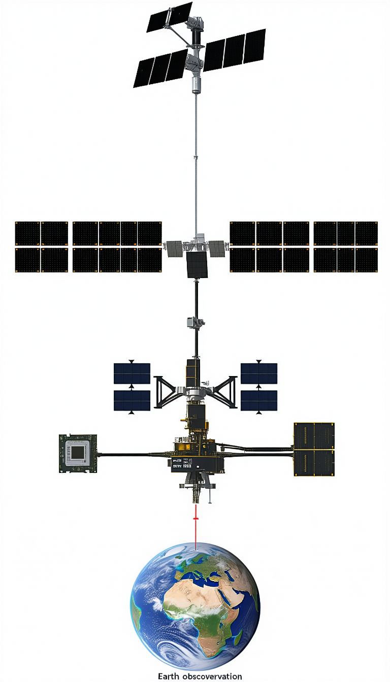 A Satellite Is Shown In A White Background, With A Red Laser Pointing At It