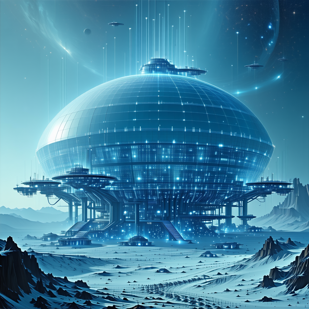The Image Is A Futuristic Space Station With A Large, Round, Blue Structure At Its Center