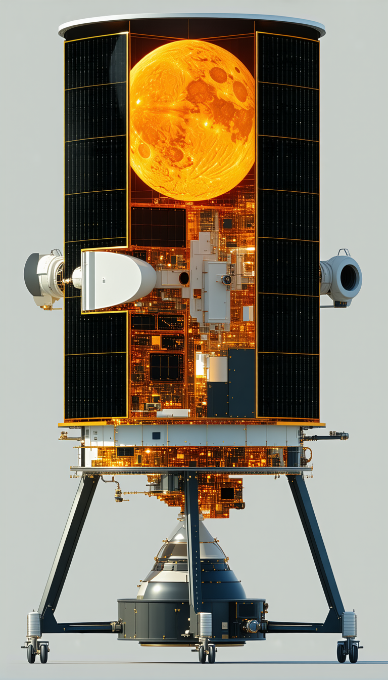 A Spacecraft Is Shown In A Close-up View, With A Large Satellite Dish On The Front