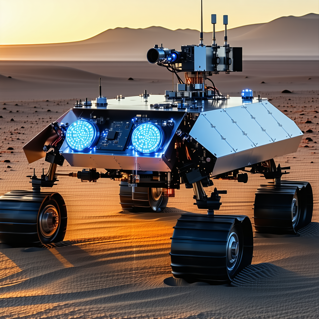 A Futuristic Robotic Vehicle With Four Wheels, Standing On A Sandy Surface