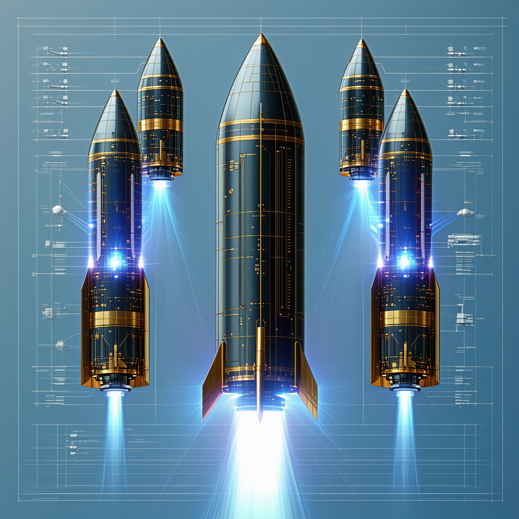 Three Space Rockets, Each With A Different Design, Lined Up In A Row