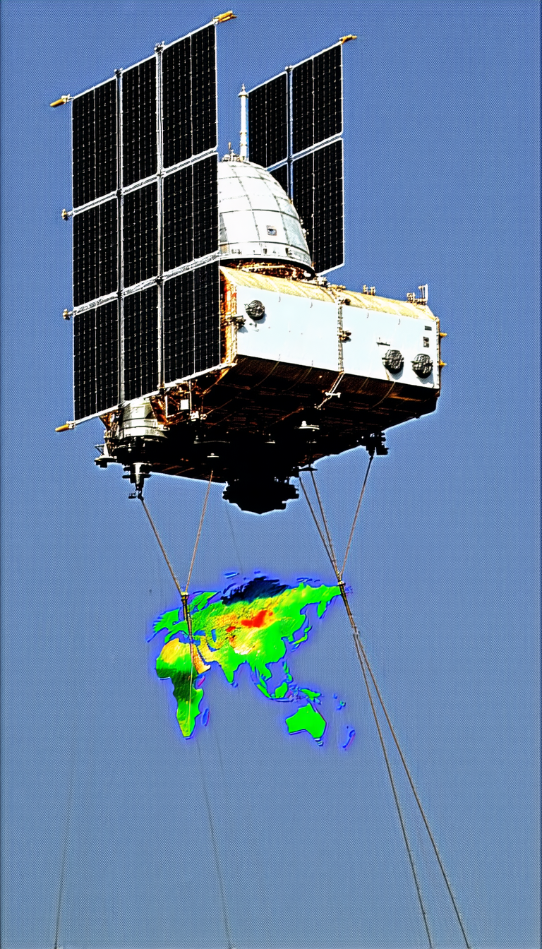 A Large Satellite Is Being Lifted Into The Air By A Crane