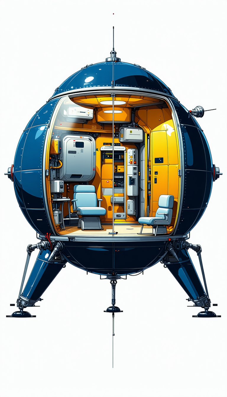 A Large, Futuristic Spacecraft Is Shown In A Blue And Yellow Color Scheme