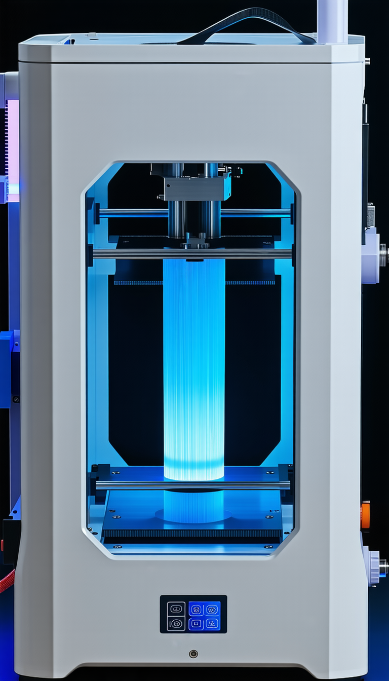 A Large Blue Machine With A Blue Light Shining Through It