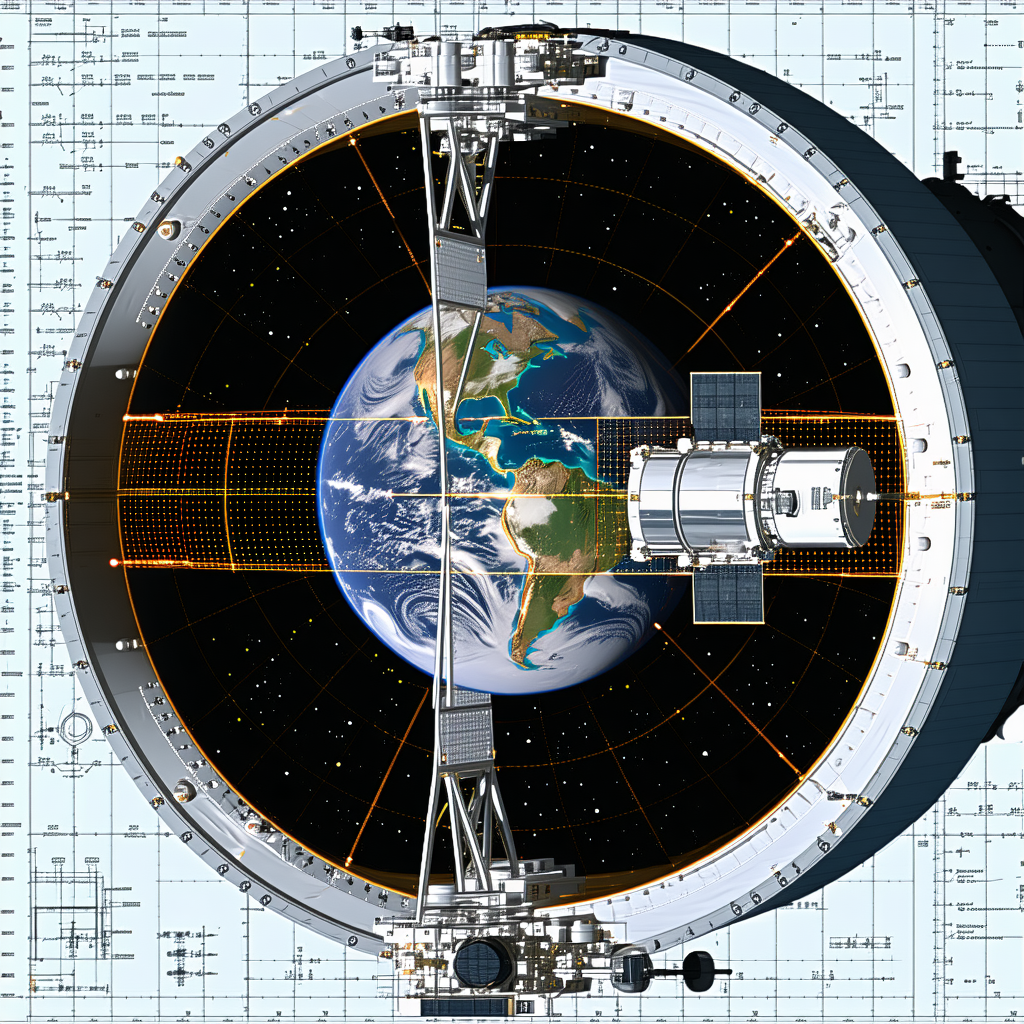 A Space Station Is Shown In The Image, With A Large Globe Of The Earth In The Center