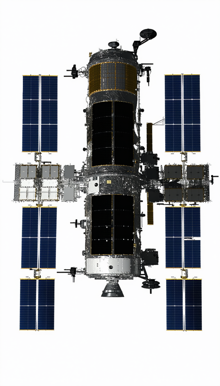 A Spacecraft Is Shown In A White And Blue Color Scheme, With A Large Satellite Dish On The Side