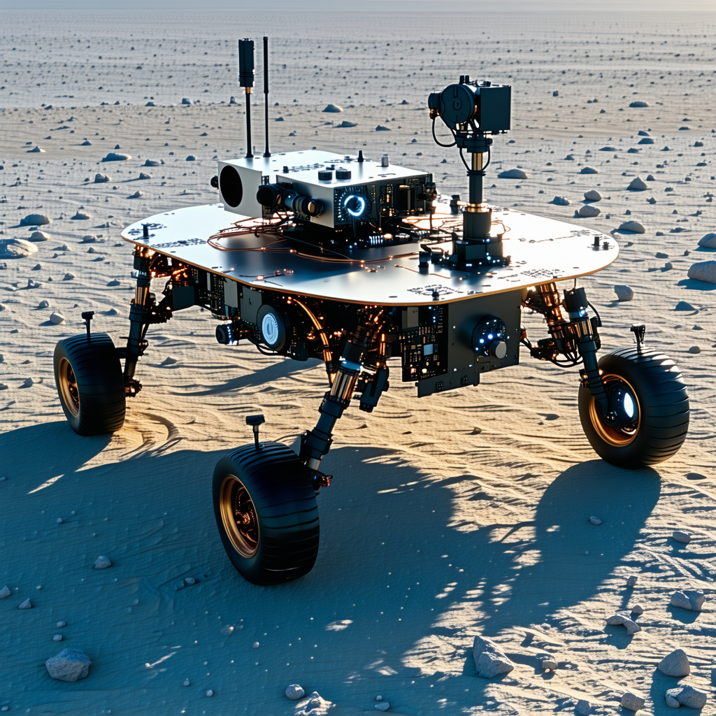 A Robotic Vehicle Is Sitting On A Rocky Surface, Possibly A Desert