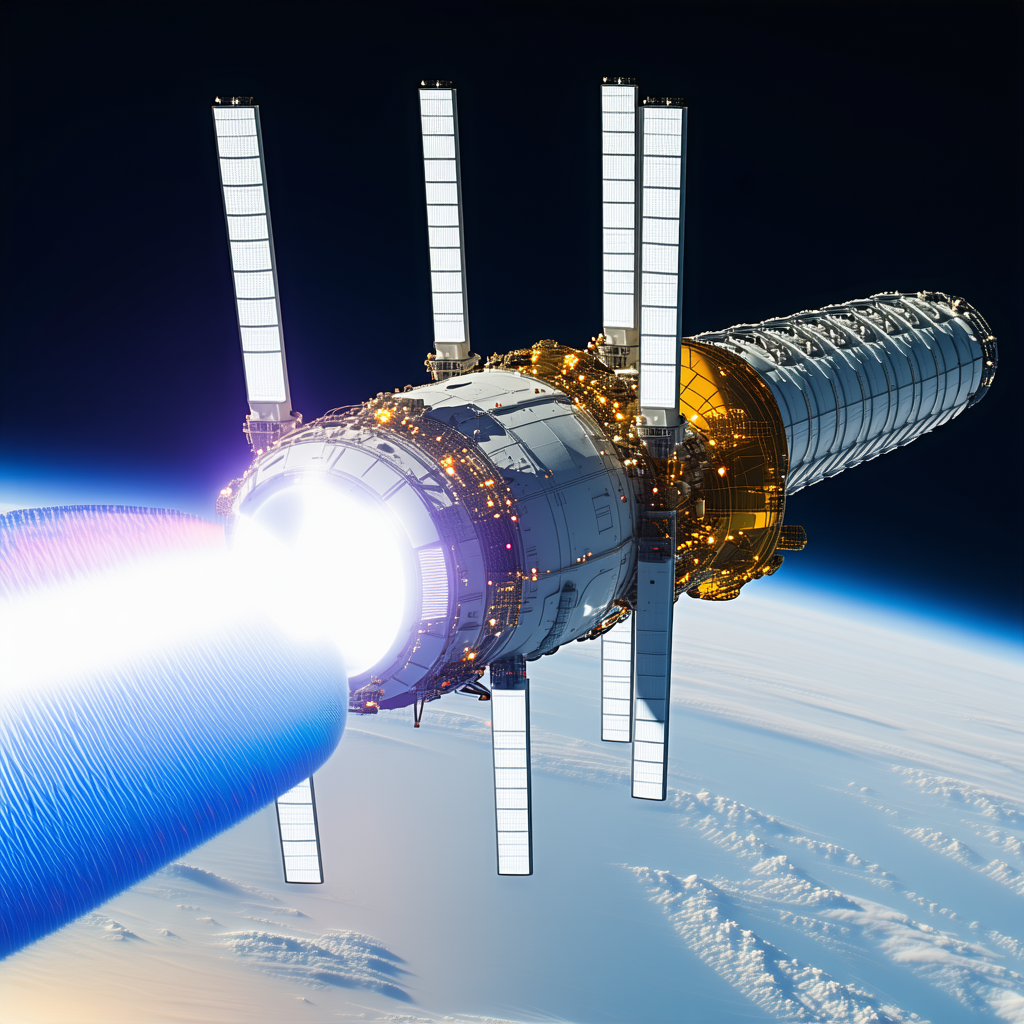 A Space Shuttle With A Blue Light Coming From It, Possibly A Laser Beam