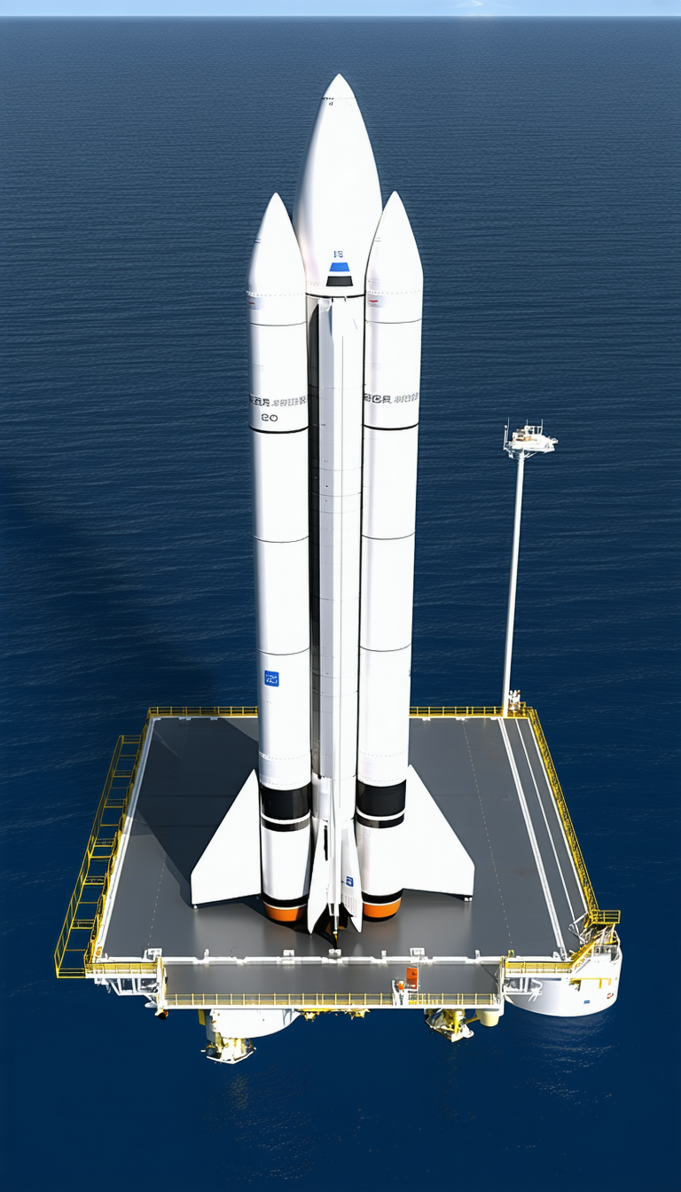 A Large White Rocket Ship Is Docked On A Platform In The Ocean