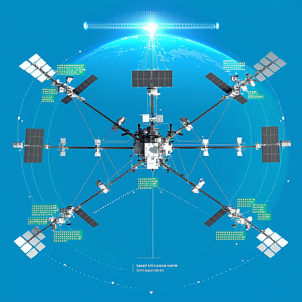 The Image Is A Blue And White Illustration Of A Space Station With A Large Central Hub