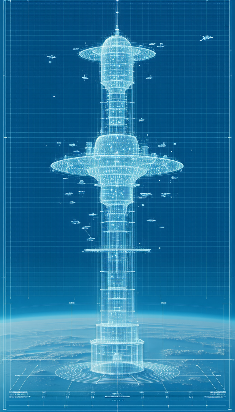 A Futuristic Space Station With A Large, Tall Tower In The Center