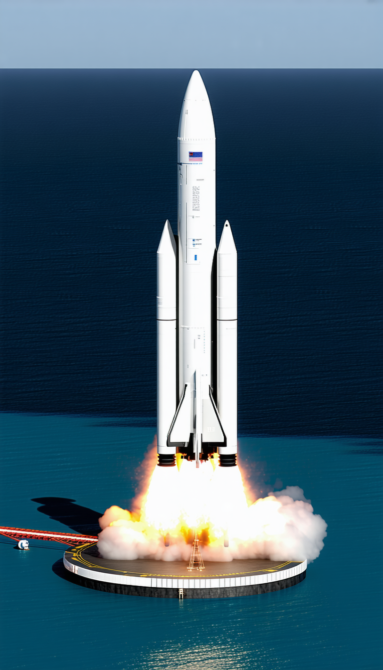 A White Rocket Ship With A Blue And Red Flag On The Side, Flying Through The Sky