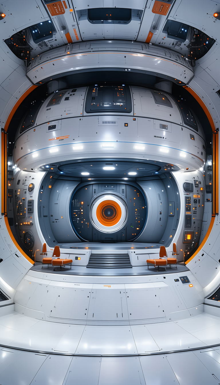 The Image Is A Futuristic Space Station With A Large, Round, Open Area In The Center