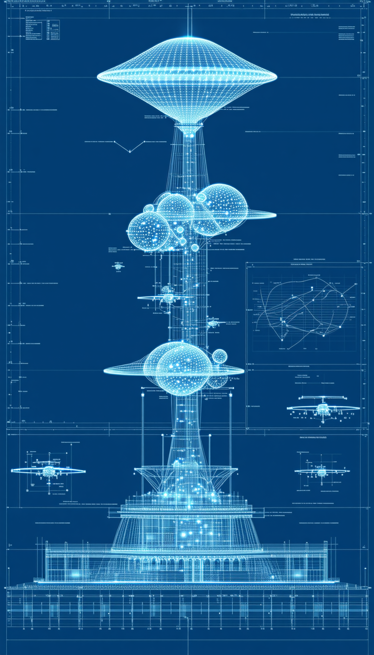 A Blue Drawing Of A Tower With A Large Sphere On Top Of It