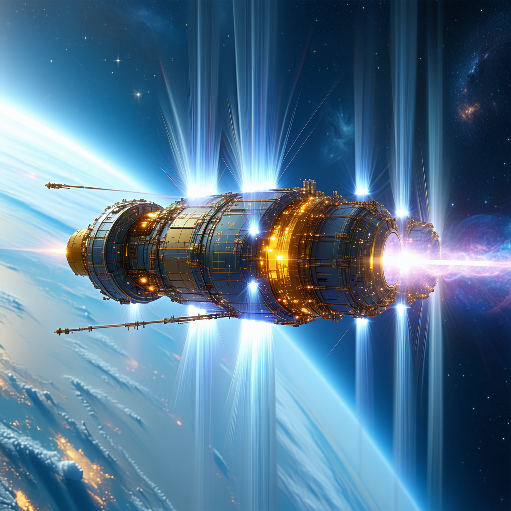 A Large Spacecraft Is Flying Through The Galaxy, With A Bright Light Shining From Its Front
