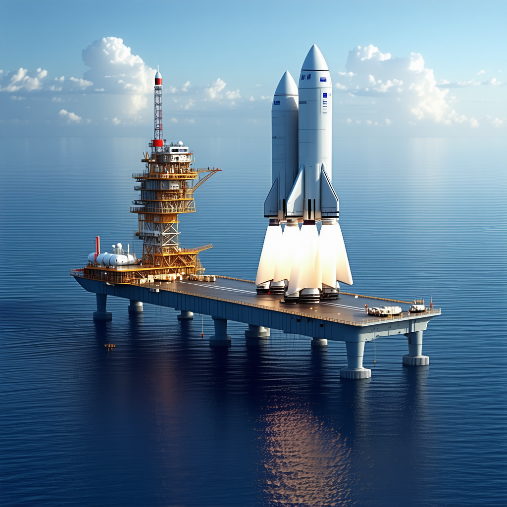 A Large Rocket Ship Docked On A Floating Platform In The Ocean